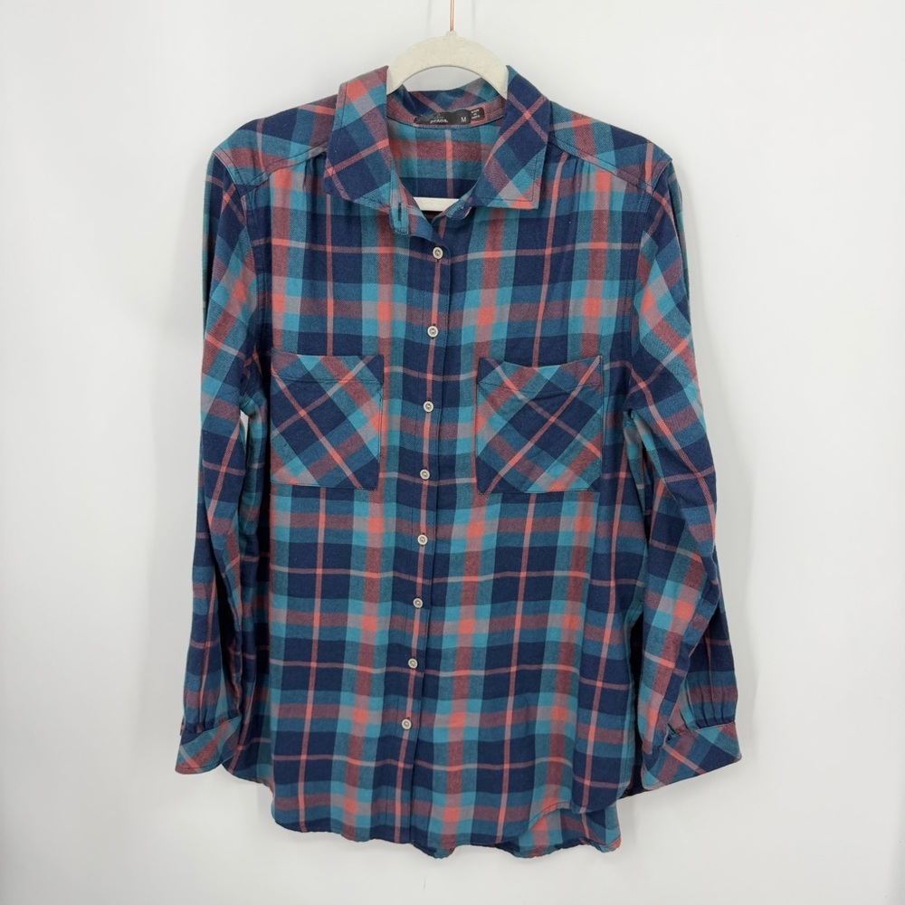 Prana Beezly Flannel blue peach Plaid‎ Shirt Button Up Cotton Long Sleeve Size M